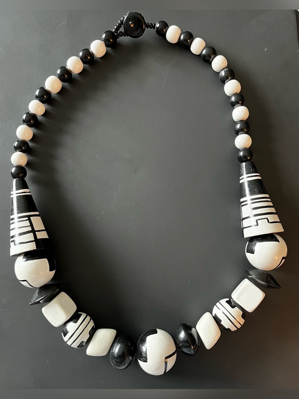Vintage Black White Geometric Beaded Statement Necklace 24”